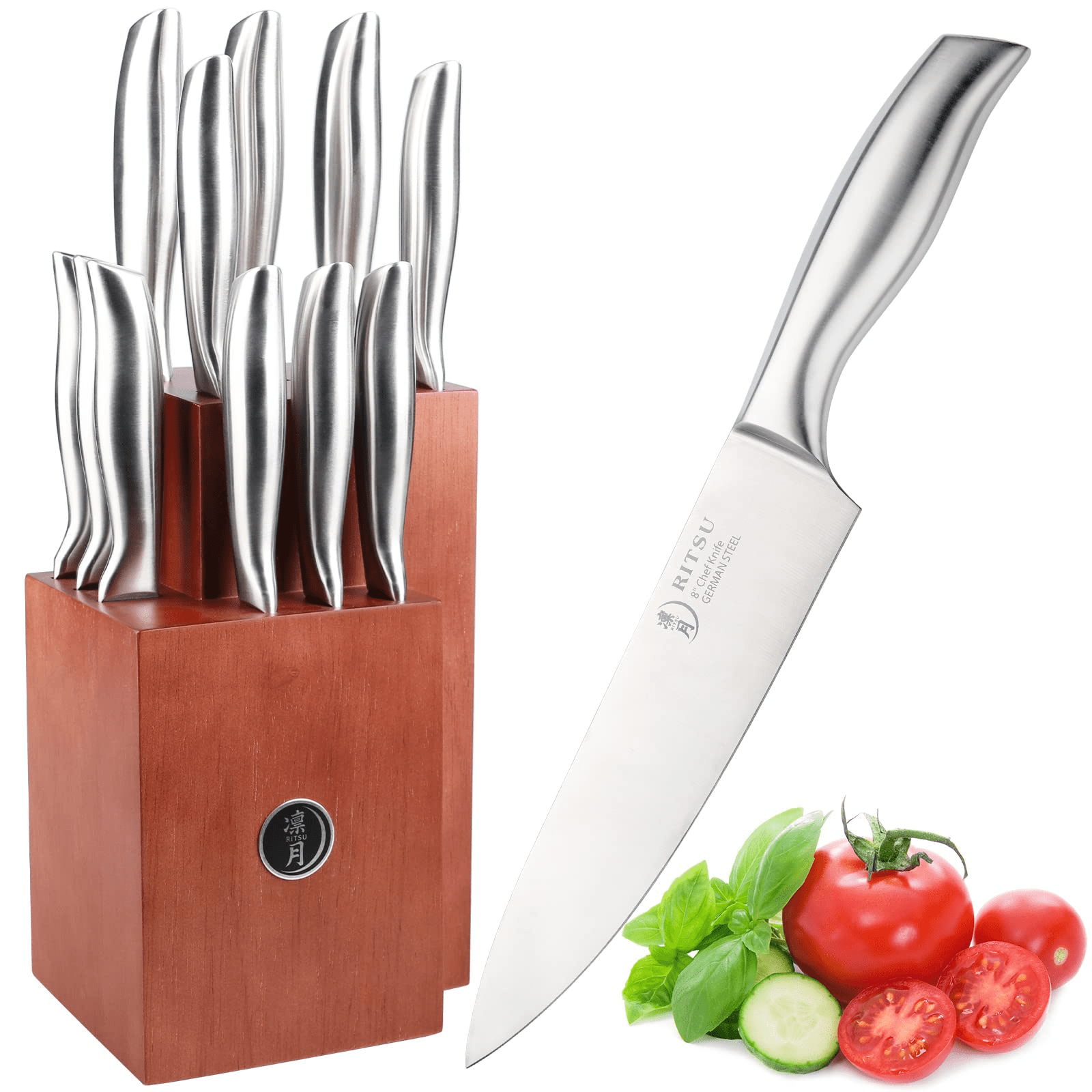 12 Pieces Kitchen Knife Set with Block; Ultra Sharp German Steel Knife Block Set; 6pcs Serrated Steak Knives; Hollow Handle for Chef Knife Set 12 Pieces Kitchen Knife Set with Block; Ultra Sharp German Steel Knife Block Set; 6pcs Serrated Steak Knives; Hollow Handle for Chef Knife Set