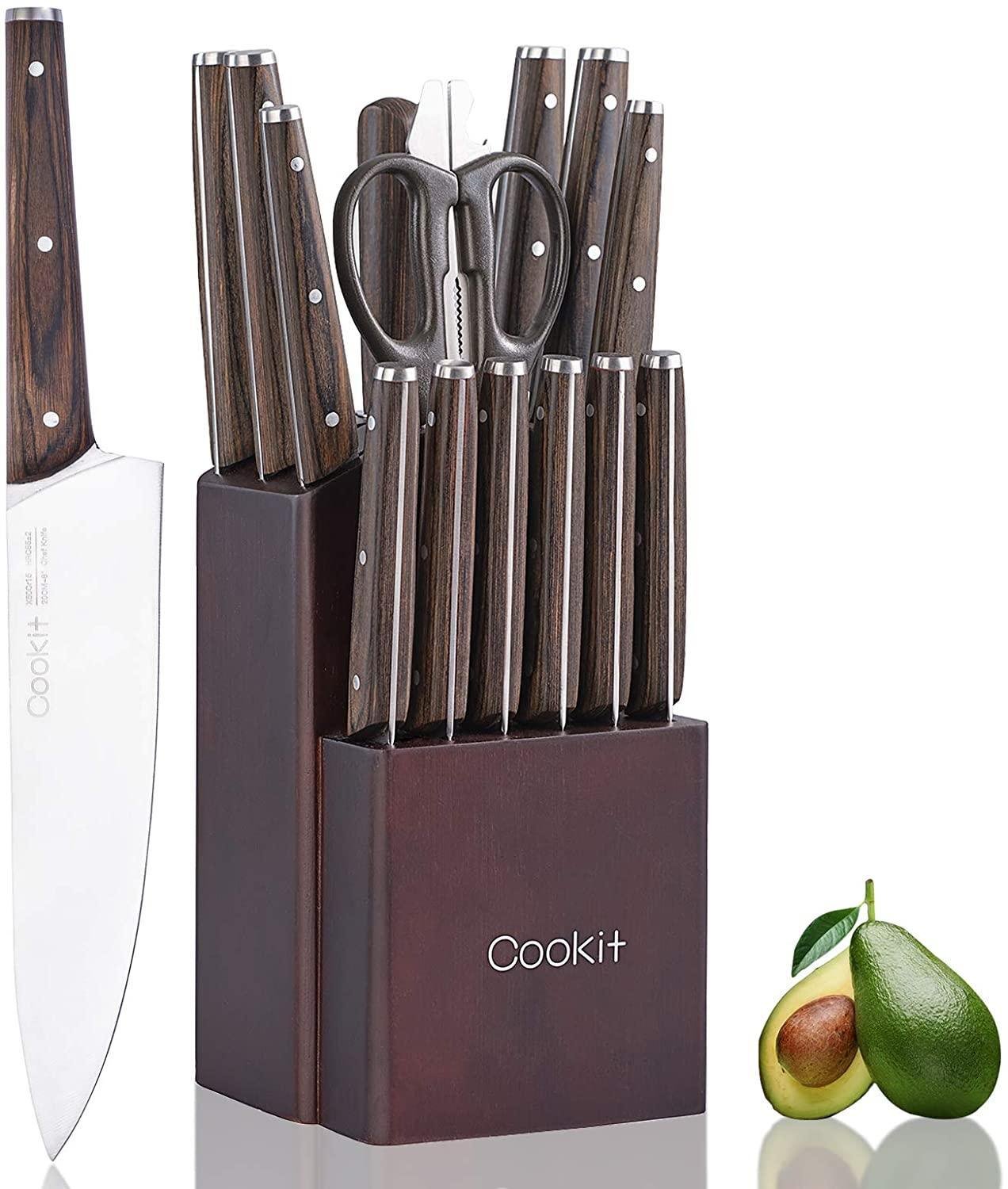 Kitchen Knife Sets; Cookit 15 Piece Knife Sets with Block for Kitchen Chef Knife Stainless Steel Knives Set Serrated Steak Knives with Manual Sharpene Kitchen Knife Sets; Cookit 15 Piece Knife Sets with Block for Kitchen Chef Knife Stainless Steel Knives Set Serrated Steak Knives with Manual Sharpene