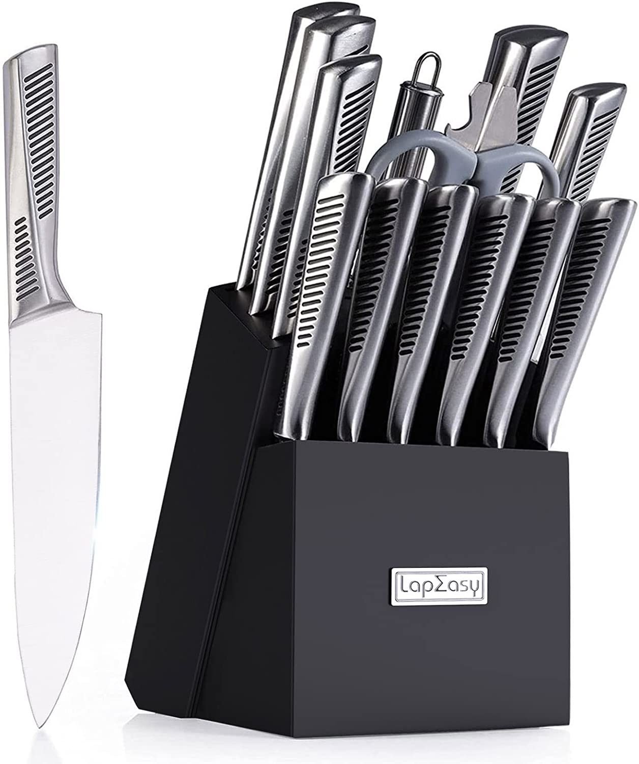 Kitchen Knife Set; LapEasy 15 Piece Knife Sets with Block Chef Knife Stainless Steel Hollow Handle Cutlery with Manual Sharpener Kitchen Knife Set; LapEasy 15 Piece Knife Sets with Block Chef Knife Stainless Steel Hollow Handle Cutlery with Manual Sharpener