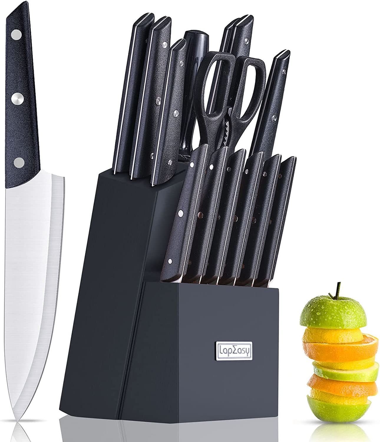 Knife Set with Block; LapEasy 15 Pieces Kitchen Knife Set with Pine Block Holder; Knife Block Set with Sharpener; High Stainless Steel Knives with Knife Set with Block; LapEasy 15 Pieces Kitchen Knife Set with Pine Block Holder; Knife Block Set with Sharpener; High Stainless Steel Knives with